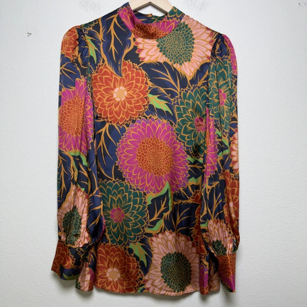 Farm Rio Women Top Small Multicolor Vintage Garden Satin Mock Neck Puff Sleeve